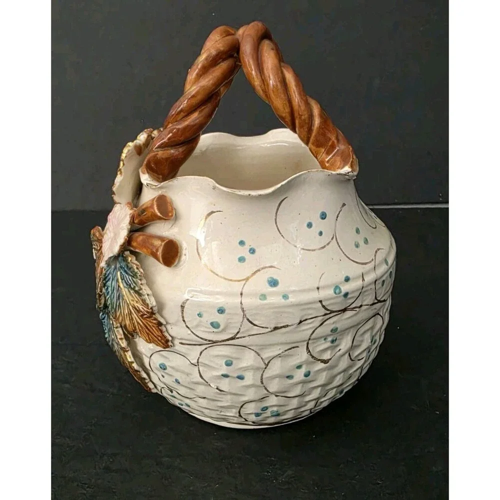 ​Vintage English Pottery Majolica Style Floral Basket Vase Twisted Handle